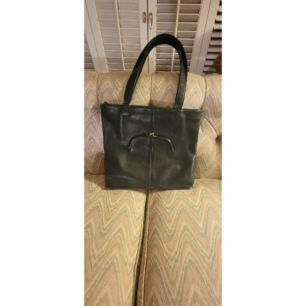VTG COACH Bonnie Cashin Black Leather Shoulder Bag Purse Tote Zip Kiss Lock#5163